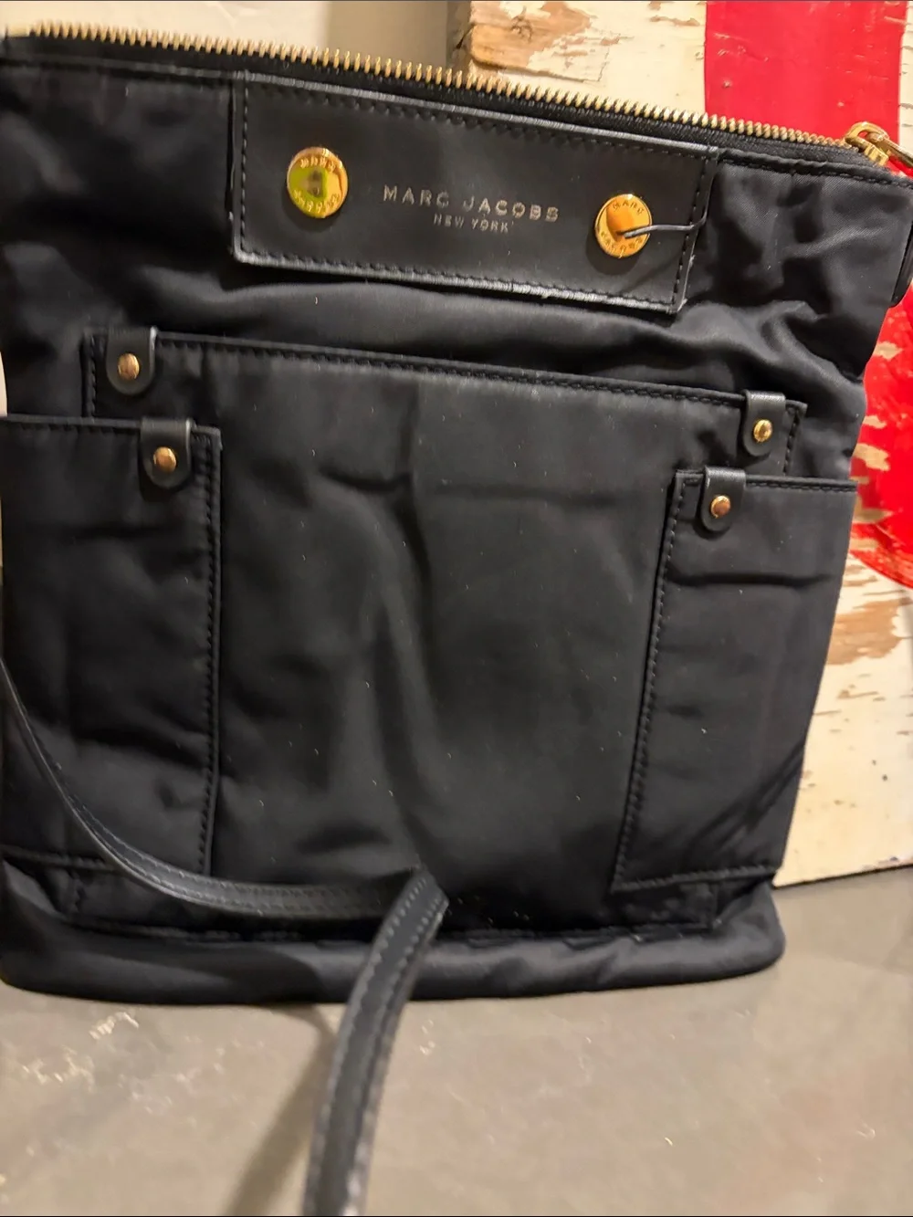 Marc Jacobs Black Nylon Messenger Bag with Gold Accents